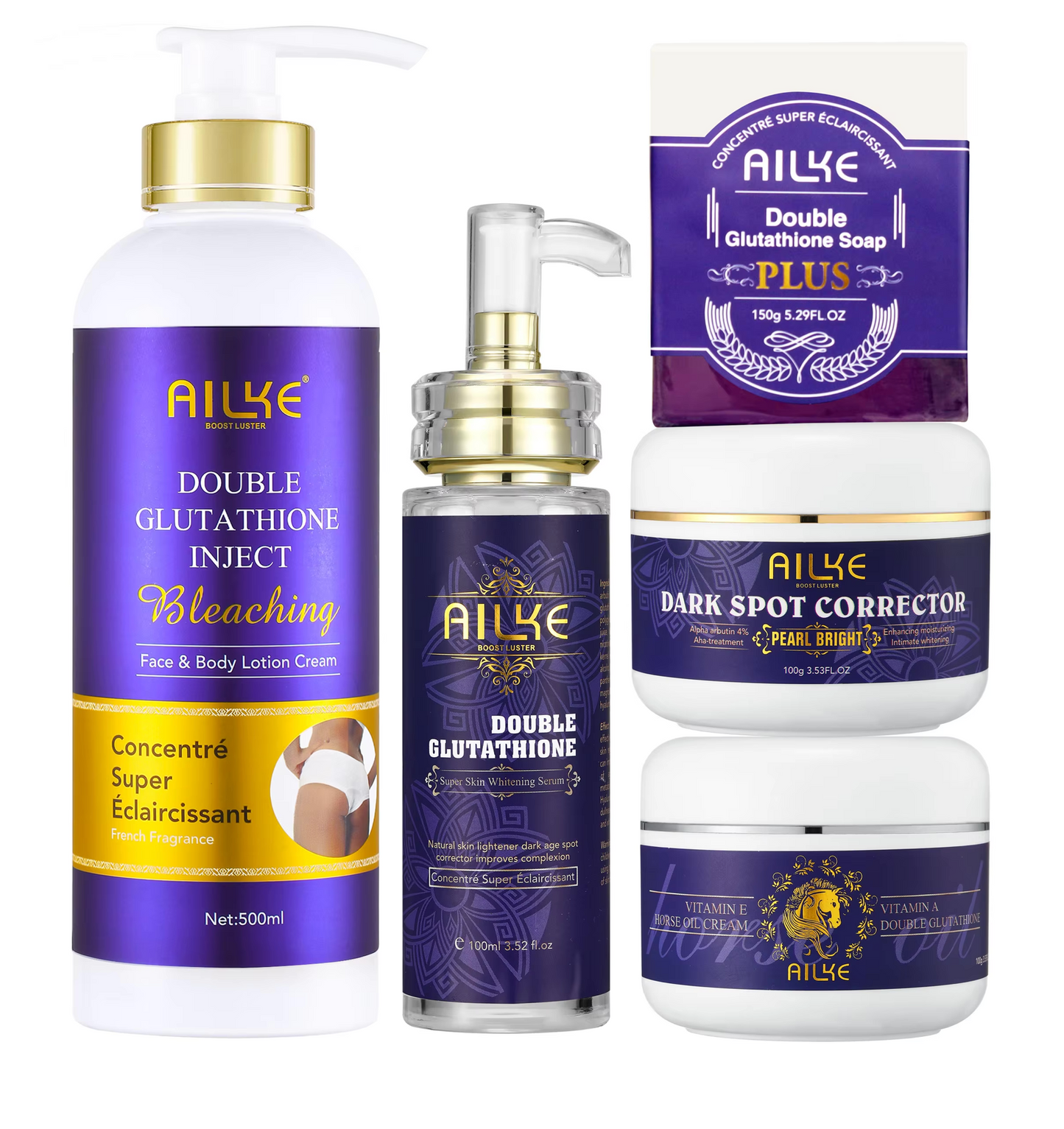 Ailke Double Glutathione Lotion, Serum, Corrector, Oil Cream & Soap (5pc)