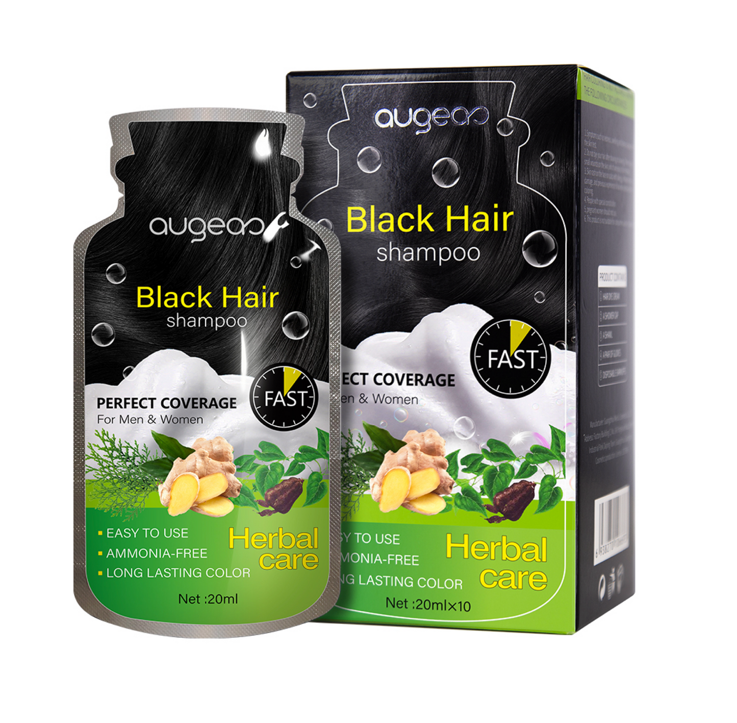 Augeas Herbal Black Hair Dye Shampoo Full Gray Coverage 20ml x 10