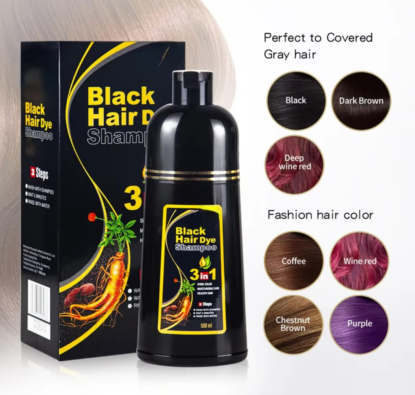 Black Hair Dye Shampoo 3 In 1 500ml