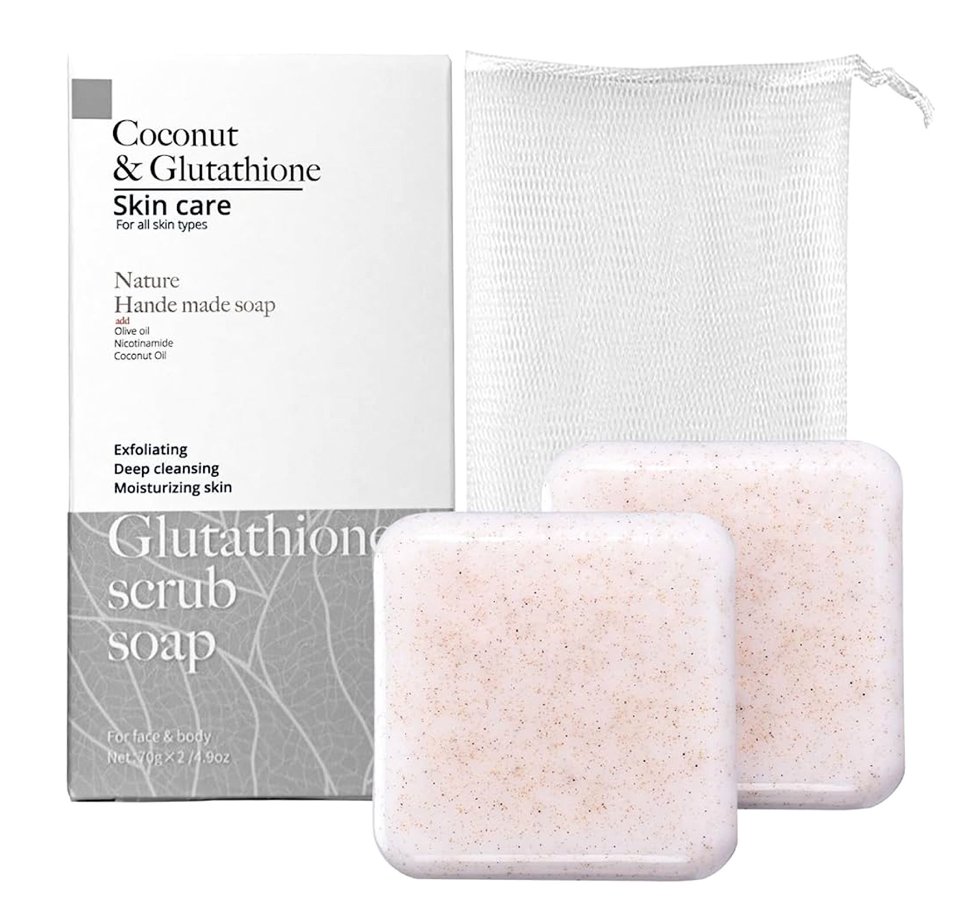 Coconut and Glutathione Hand Made Soap Scrub 70g (2pc) Coconut and Glutathione Hand Made Soap Scrub 70g (2pc)
