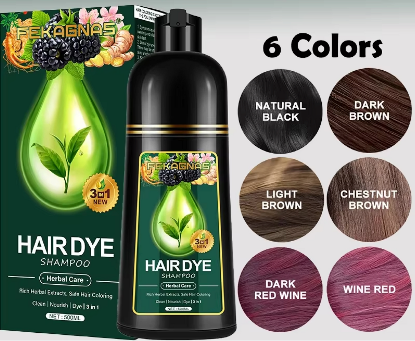 Fekagnas Hair Dye Herbal Shampoo 3 In 1 500ml