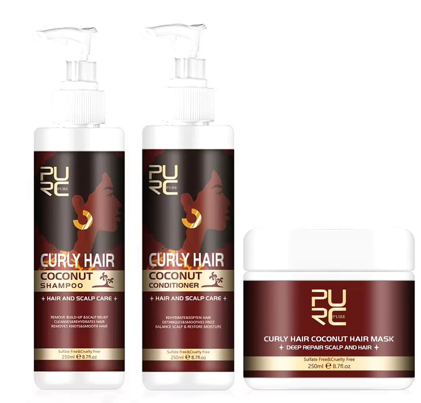 Purc Curly Hair Coconut Shampoo and Conditioner 250ml + Mask (3pc)