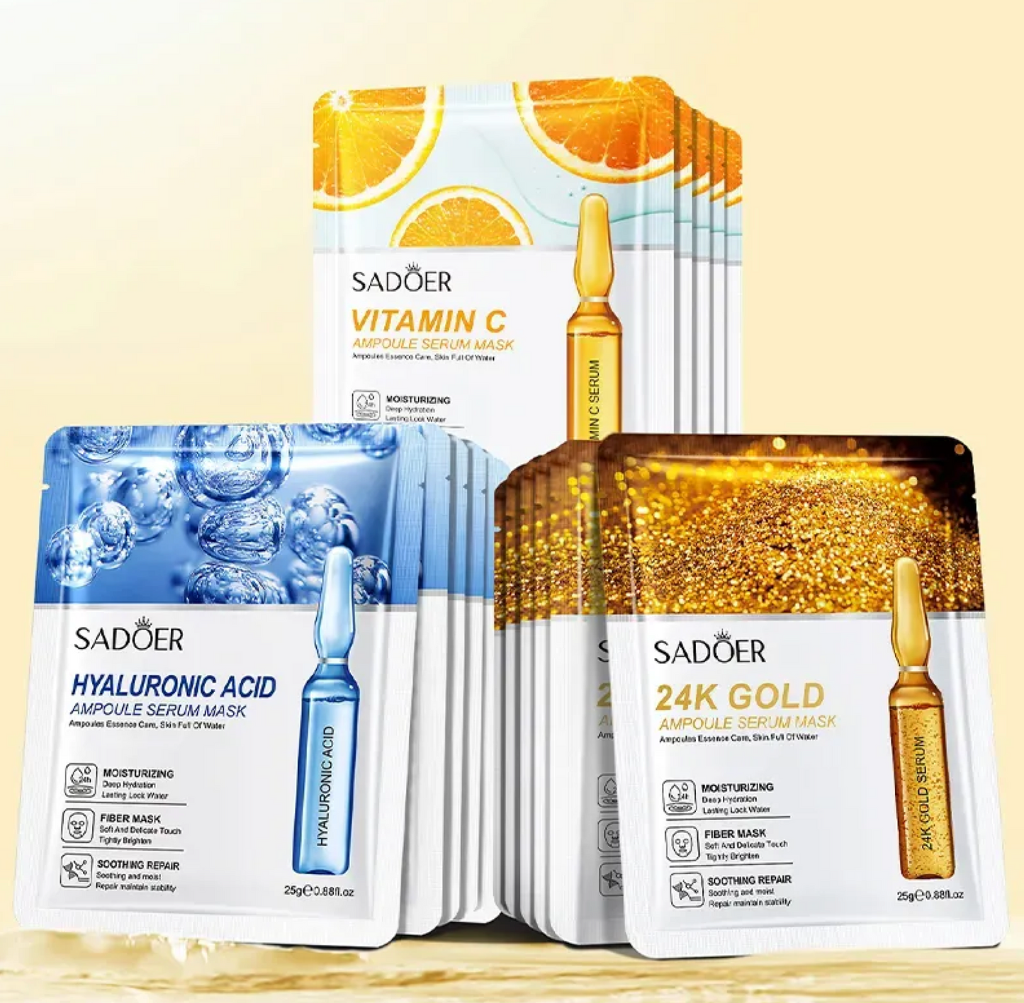 Sadoer Facial Skincare Masks 24K Gold Hyaluronic Acid Vitamin C (15pcs)