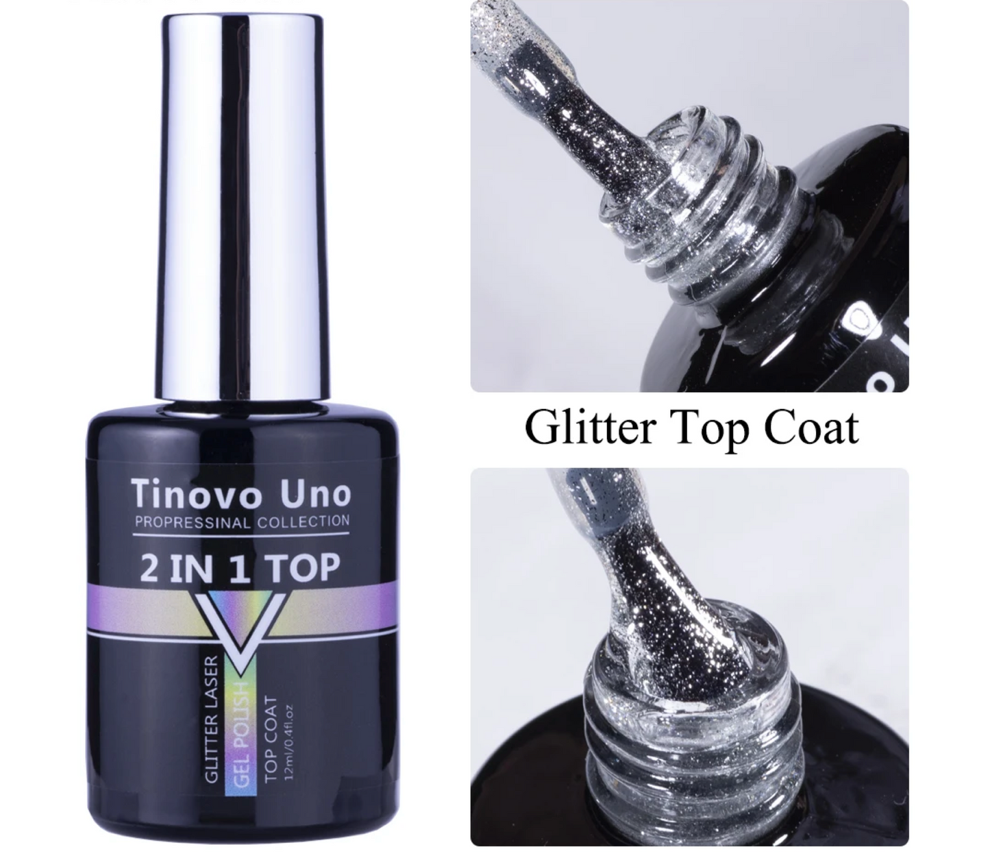 Tinovo Professional 2 In 1 Top Coat Glitter Laser Gel Polish 12ml