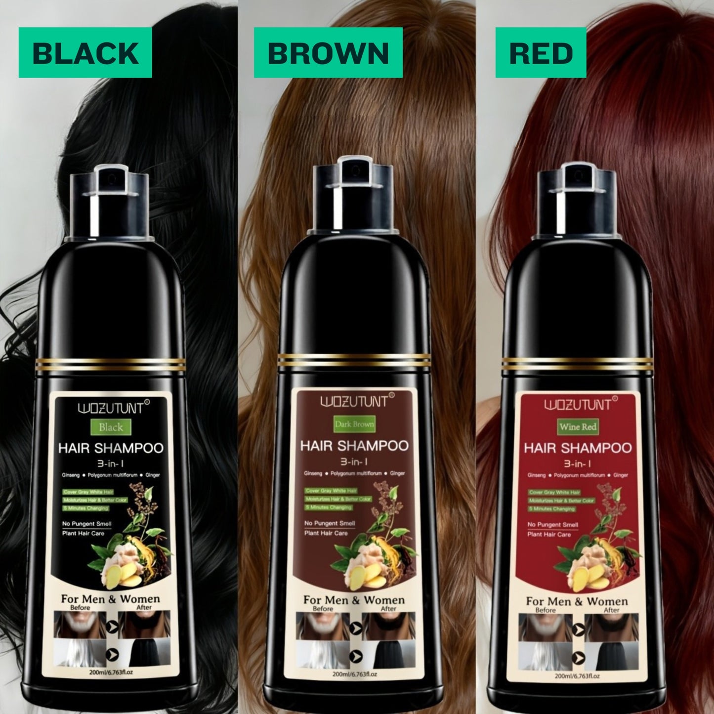 Wozutunt Cover Grays Wine Red 3 In 1 Hair Dye Shampoo 200ml
