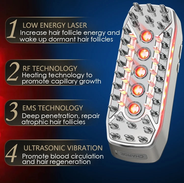 Ultrasonic Laser Hair Growth Brush EMS Micro Current Red Light Therapy Device