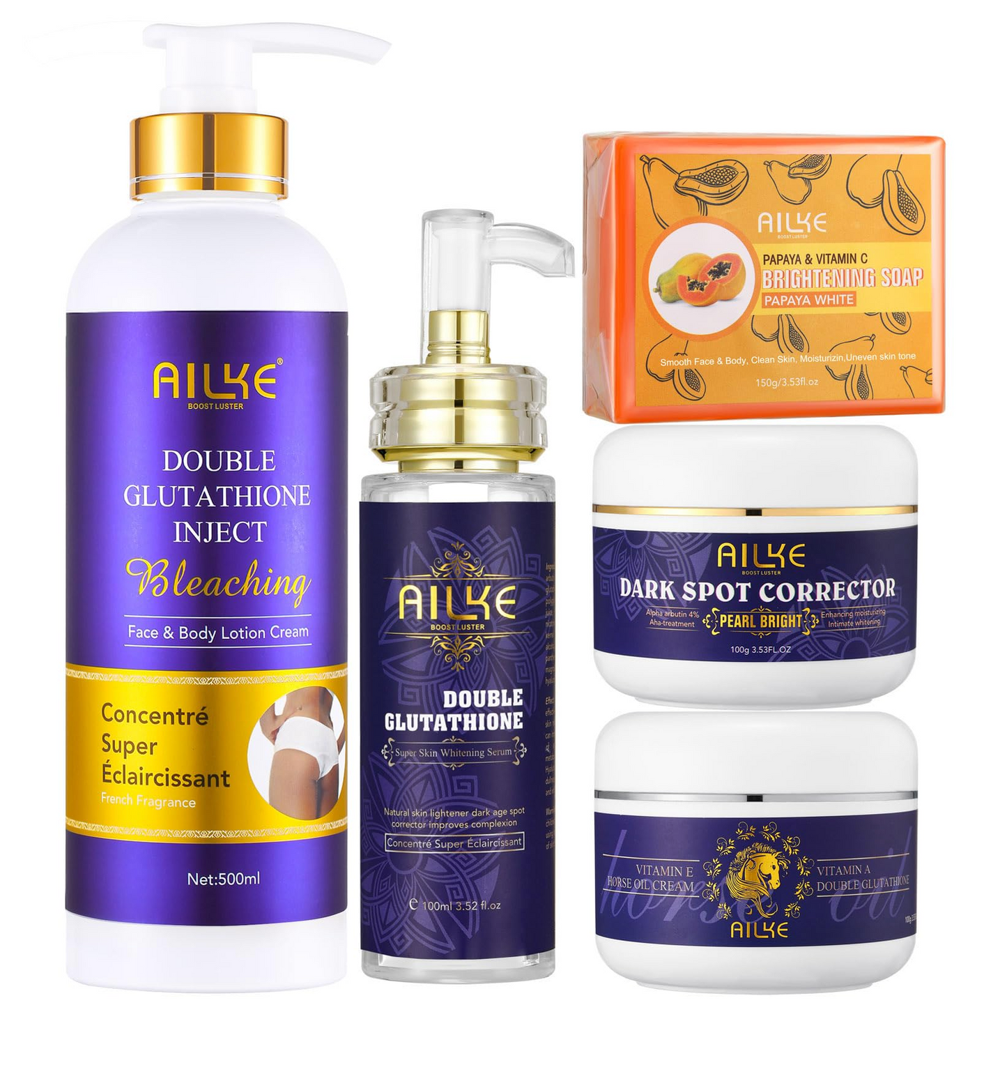 Ailke Double Glutathione Lotion, Serum, Corrector, Oil Cream & Papaya Soap (5pc)