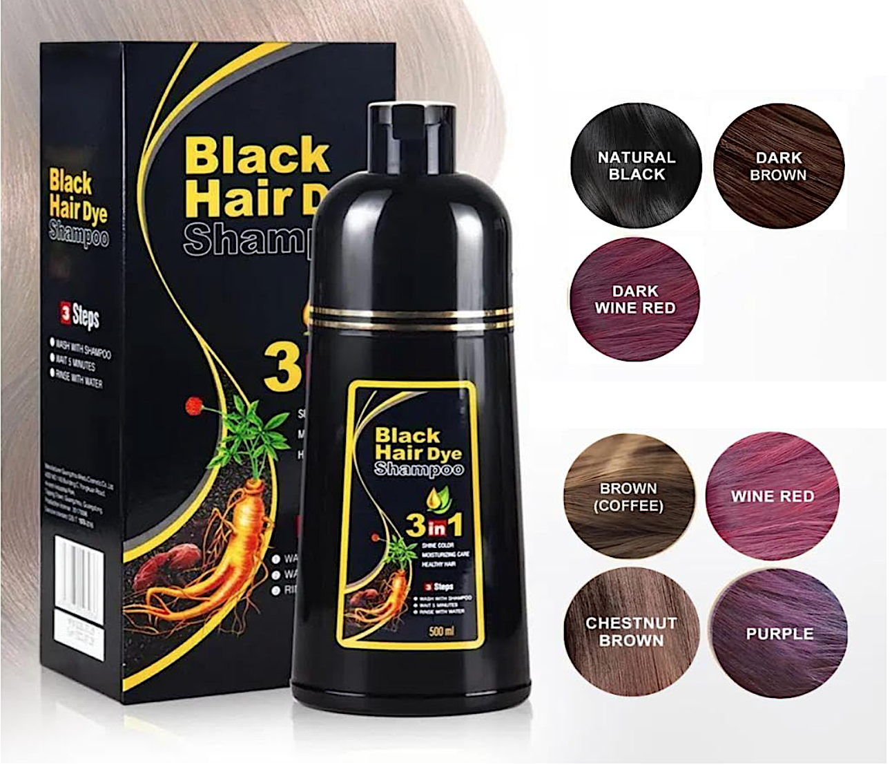 Black Hair Dye Shampoo 3 In 1 500ml
