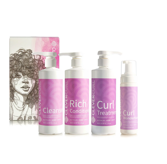 Clever Curl Cleanser and Rich Conditioner + Curl Treatment & Wonderfoam Quad