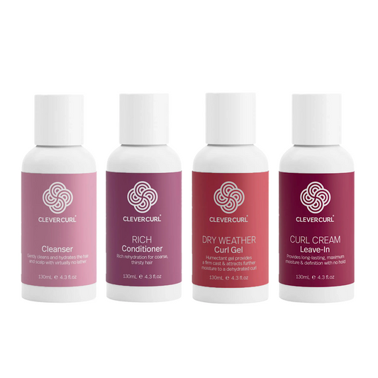 Clever Curl Cleanser and Rich Conditioner 130ml + Curl Cream, Dry Curl Gel 130ml Kit (4pc)