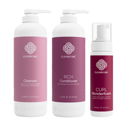 Clever Curl Cleanser Shampoo and Rich Conditioner 1000ml + Wonderfoam (3pc)