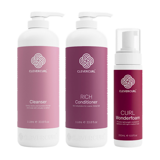 Clever Curl Cleanser Shampoo and Rich Conditioner 1000ml + Wonderfoam (3pc)