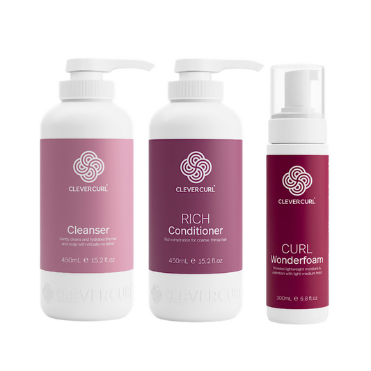 Clever Curl Cleanser Shampoo and Rich Conditioner 450ml + Wonderfoam (3pc)