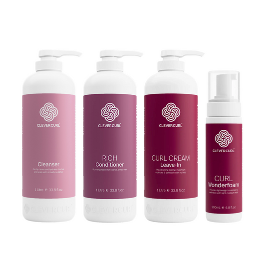 Clever Curl Cleanser and Rich Conditioner 1000ml + Curl Cream + Wonderfoam (4pc)