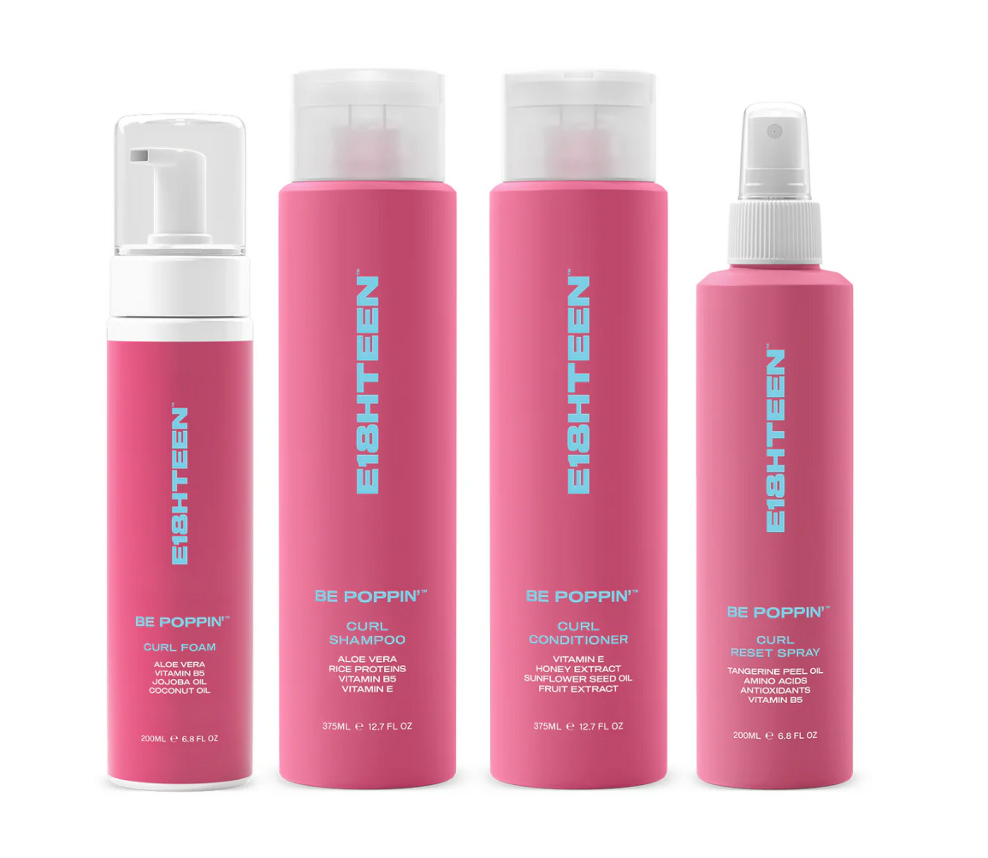 E18HTEEN Be Poppin Curl Shampoo and Conditioner 375ml + Curl Foam + Spray (4pc)