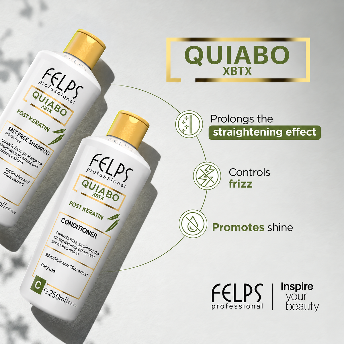 Felps Okra Quiabo Progressive Keratin Shampoo & Conditioner 250ml + Anti Frizz Fluid (3pc)