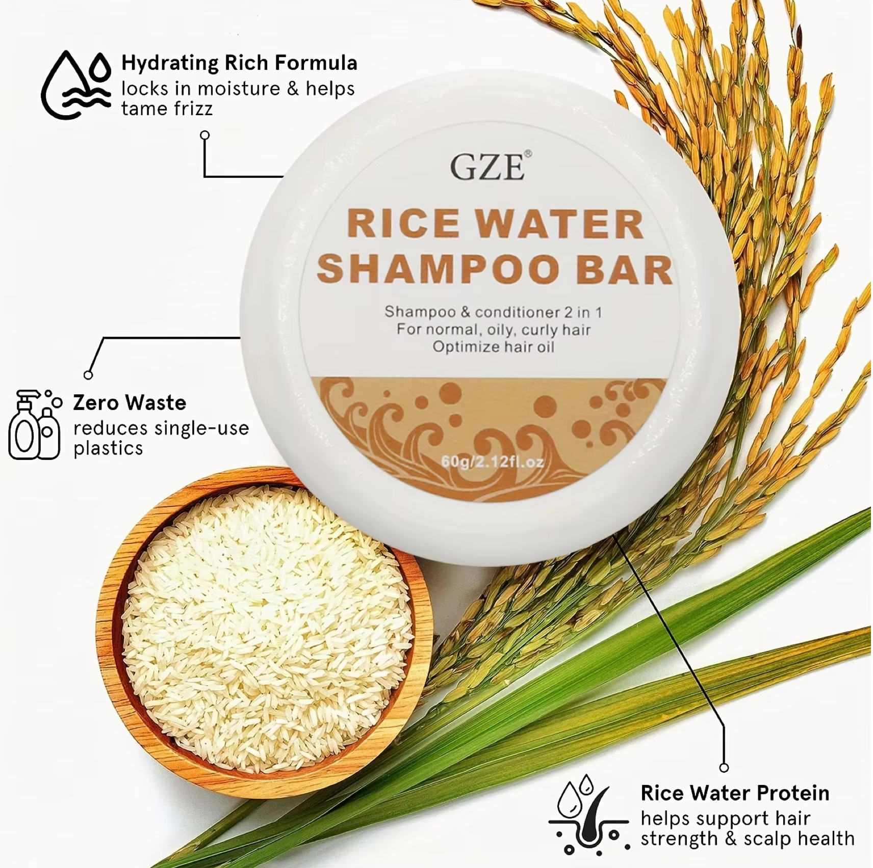 GZE Rice Water Shampoo and Rice Pulp Conditioner Bar 60g