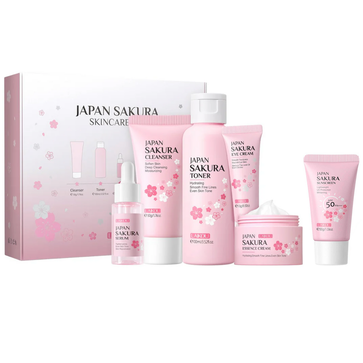 Laikou Japan Sakura Skincare Set Face Cream Serum Toner Cleanser Sunscreen (6pc)