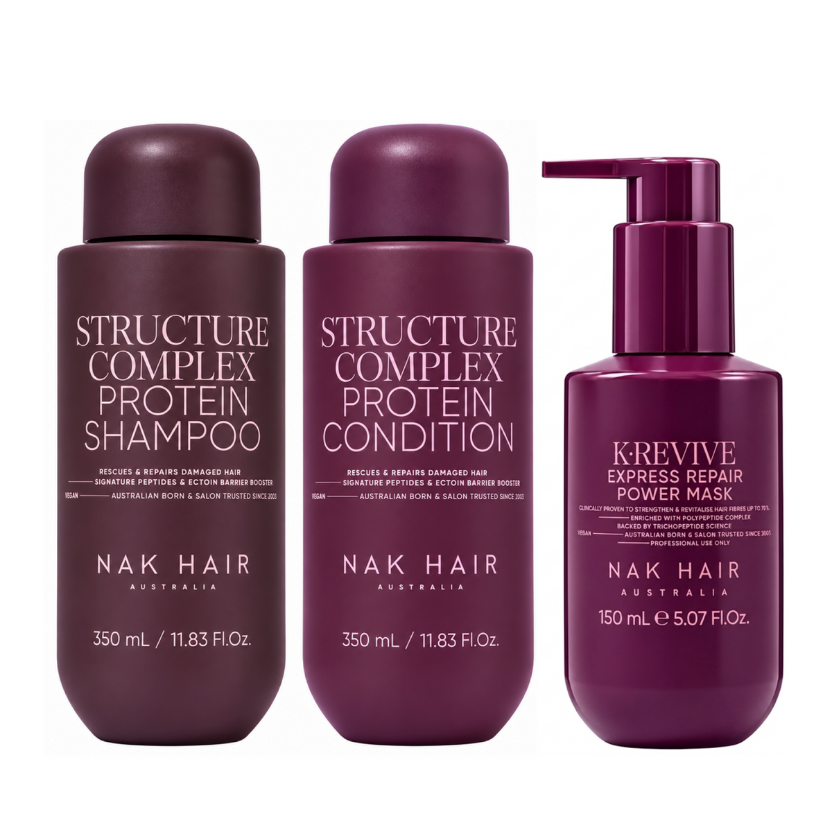 Nak Structure Complex Protein Shampoo & Conditioner 350ml + Repair Power Mask (3pc)