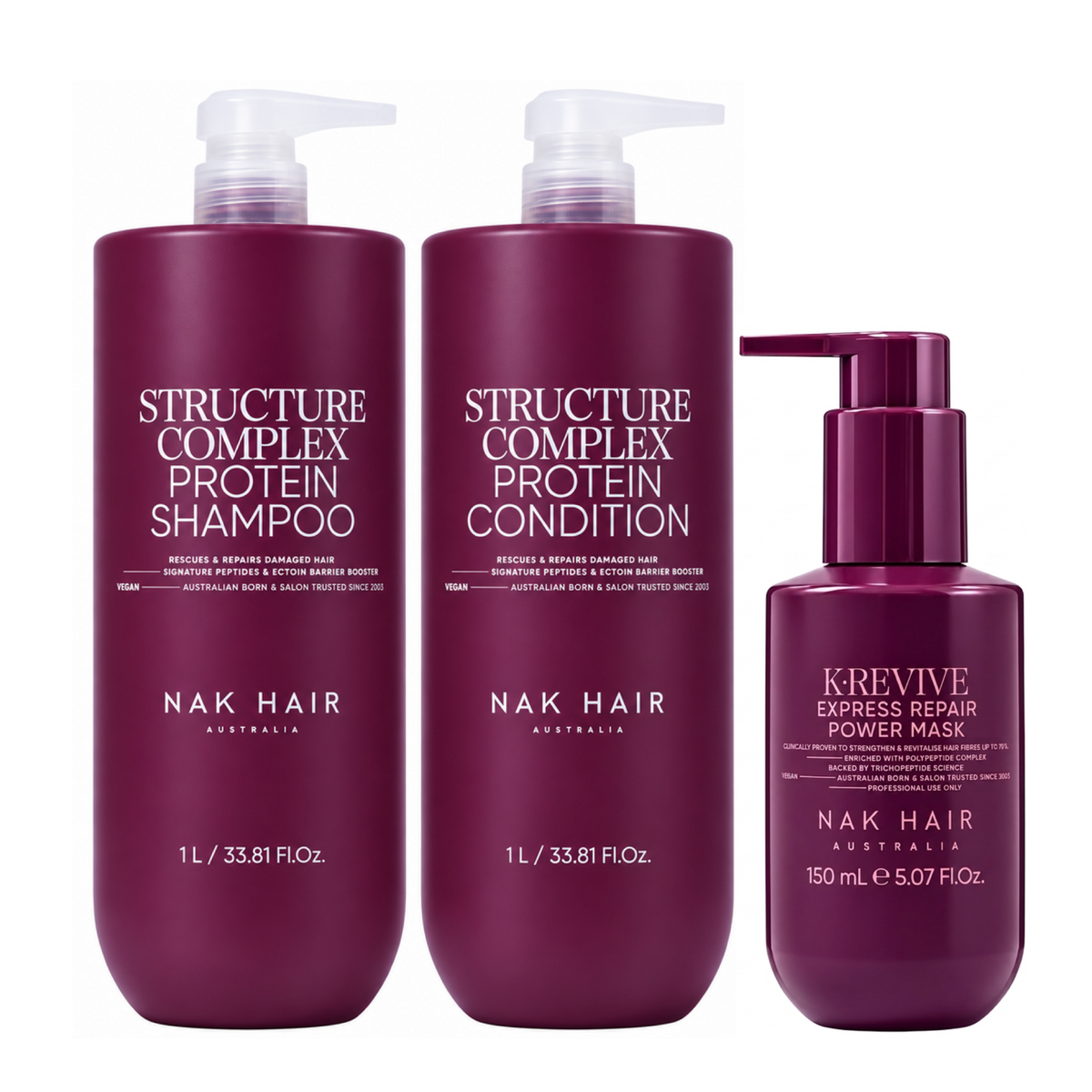 Nak Structure Complex Protein Shampoo and Conditioner 1L + Repair Power Mask (3pc)