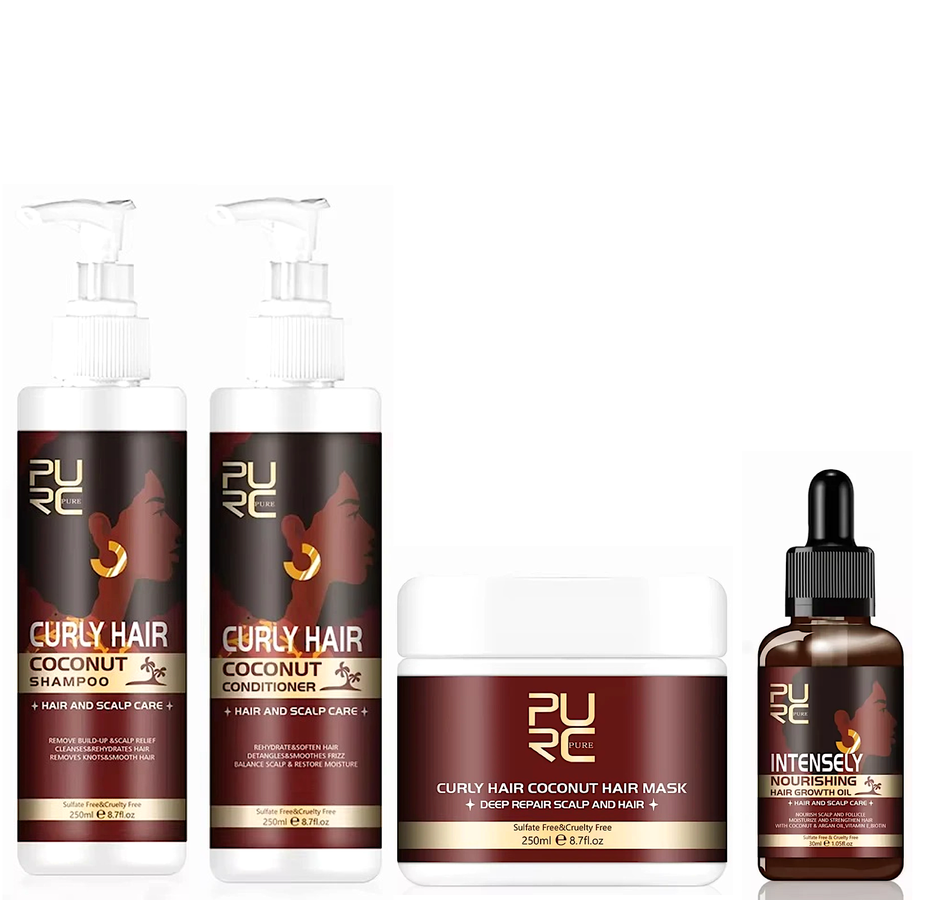 Purc Curly Hair Coconut Shampoo and Conditioner 250ml + Mask/Hair Growth Oil (4pc)