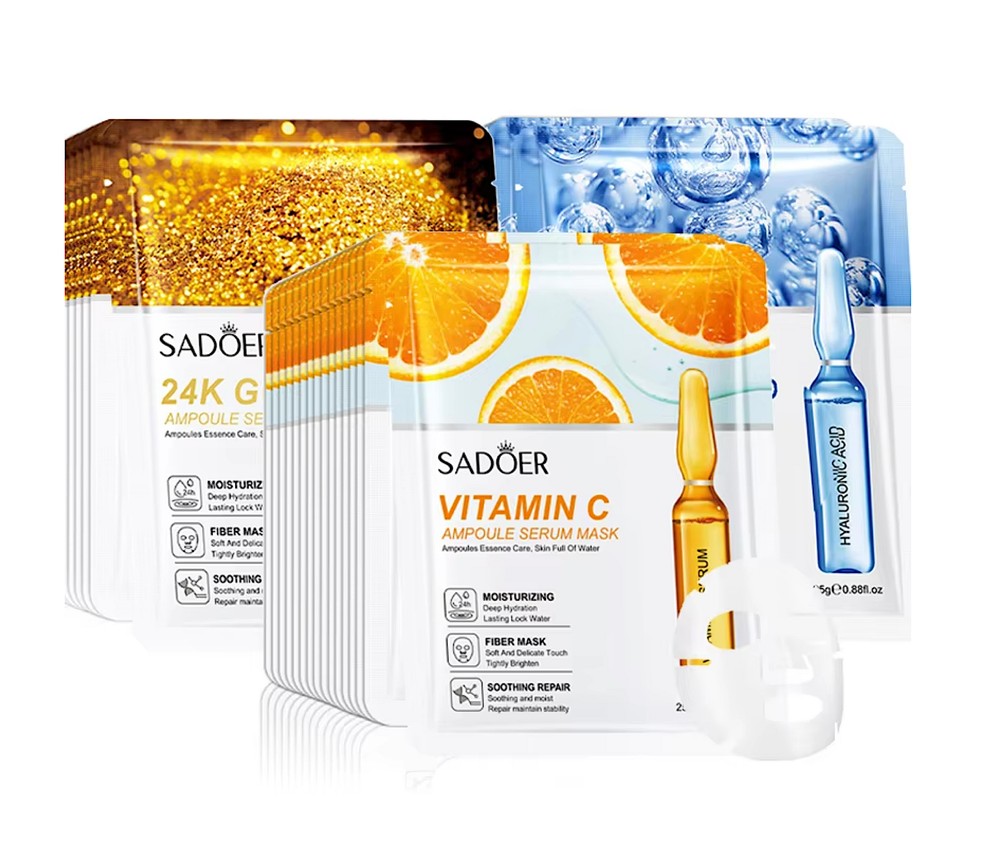 Sadoer Facial Skincare Masks 24K Gold Hyaluronic Acid Vitamin C (15pcs)