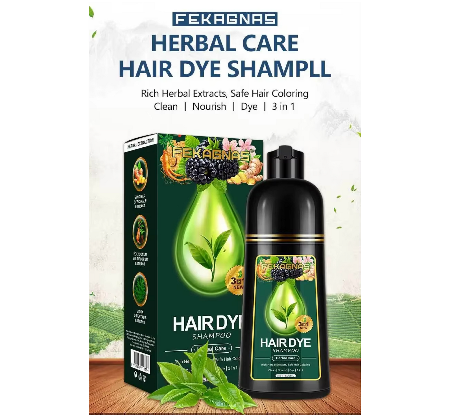 Fekagnas Hair Dye Herbal Shampoo 3 In 1 500ml